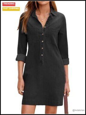Long Sleeve Button Down Denim Shirt Dress with Pockets